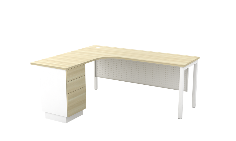 SML-3D SKYWALK SERIES COMPACT L-SHAPE TABLE SET WITH METAL MODESTY PANEL AND FIXED PEDESTAL 2-DRAWERS 1-FILING
